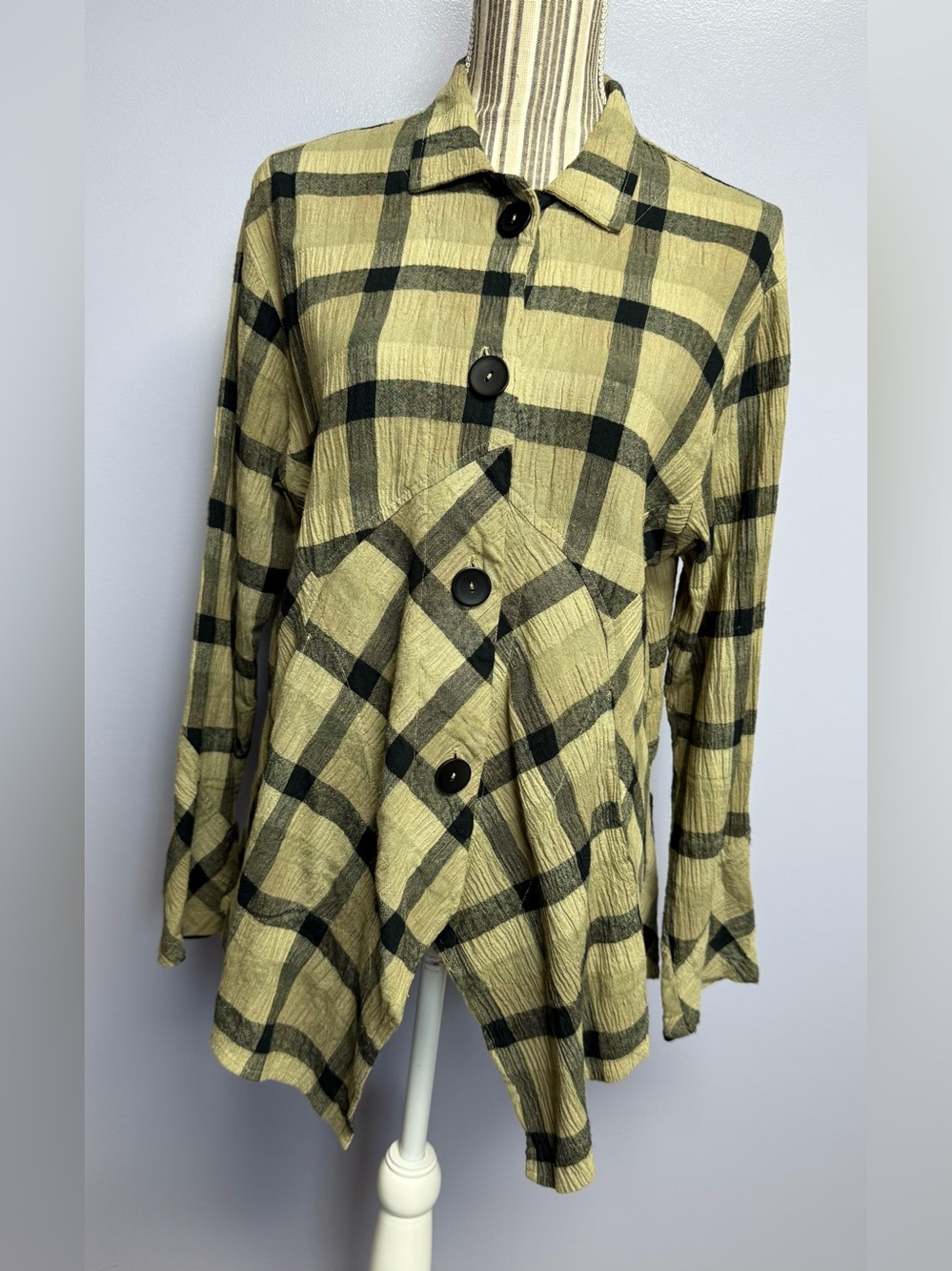 Vintage Asymmetrical Olive Plaid Button-Down linen cotton blend Shirt size XS